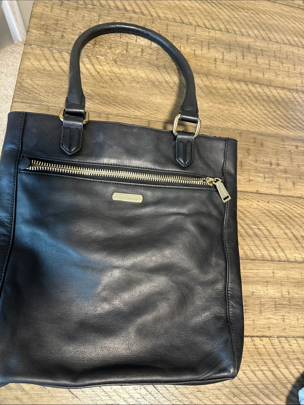 Cole Haan Black Leather Brief Tote with Front Zip Pocket